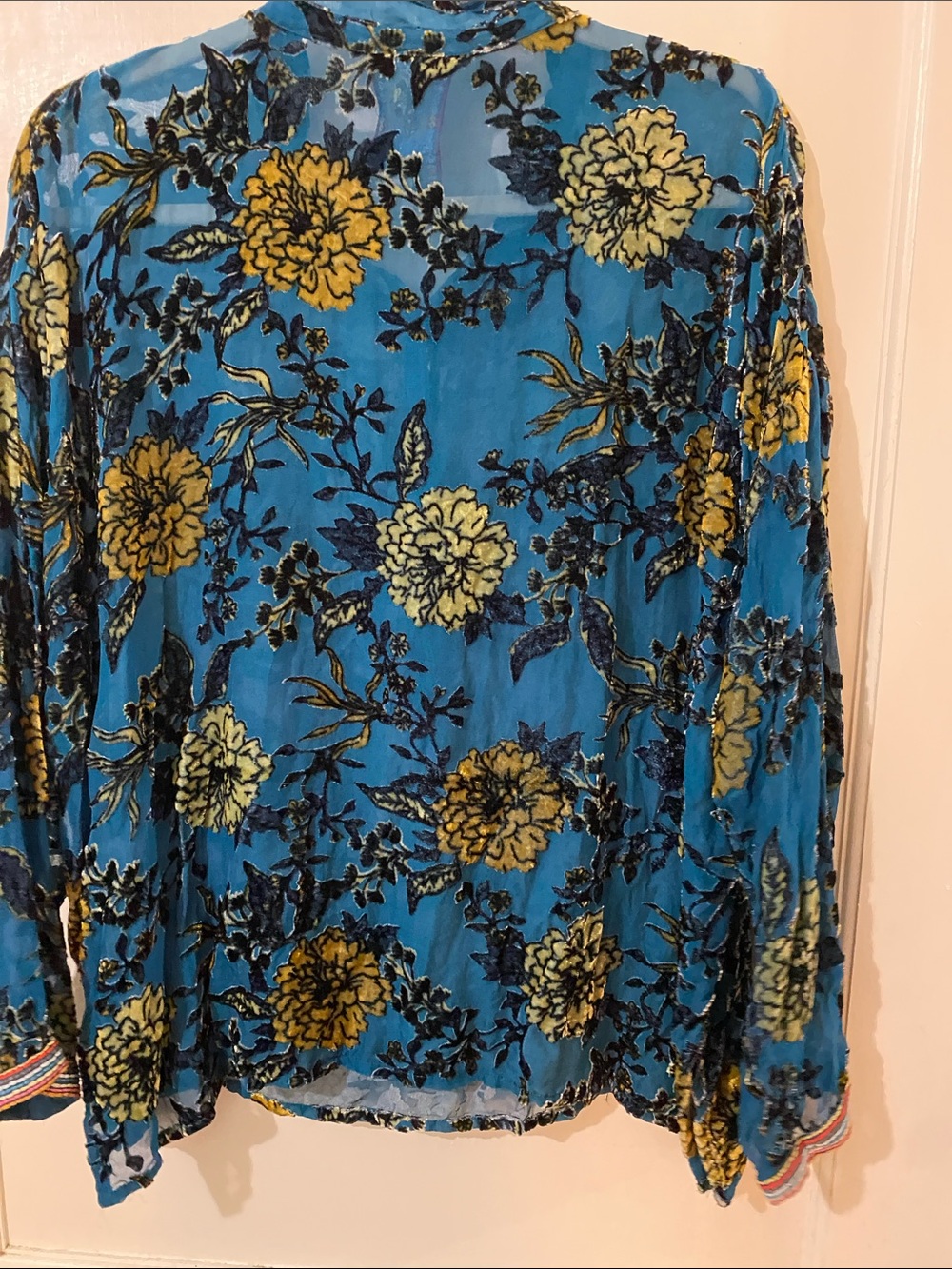 Johnny Was Teal Blue Floral Sheer Button-Up Blouse - Picture 7 of 9